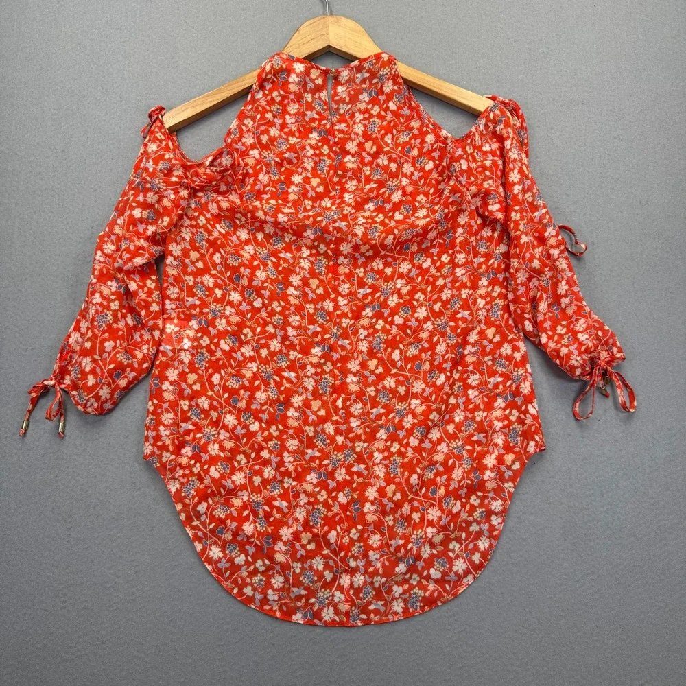 Veronica Beard Red Silk Floral Cold Shoulder Blouse Top S172-WFP4358 Size 2